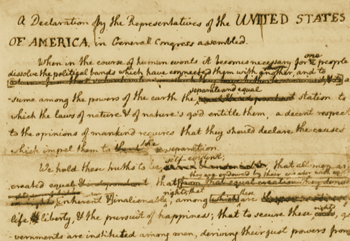 Handwritten copy (with deletions crossed out and additions added) of the first few sentence of Jefferson