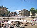 Blick auf die Bauarbeiten am „verschobenen Dreiviertel-Gleisviereck“ in die Richtung der Schlachthausstraße, die zukünftig von der Straßenbahntrasse verwendet werden wird