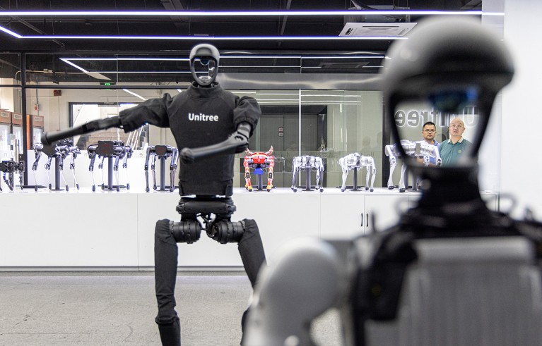 Unitree H1 humanoid robot and Unitree G1 Humanoid agent AI avatar dance at the showroom of Hangzhou Unitree Technology Co., Ltd.