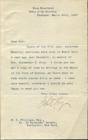 John D. Long, Secretary of the Navy, Typed Letter, Signed, (Tls) one page, (Approx. 8.75" x 5.5")...