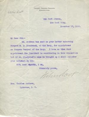 Elihu Root, as a sitting Senator, Typed Letter, Signed, (Tls) one page, (Approx. 8" x 10.5") on U...