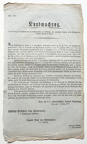 Circulare Nro. 7030 vom 30. März 1846. Erneuerung der Vorschrift für die Erfordernisse zur Aufnah...