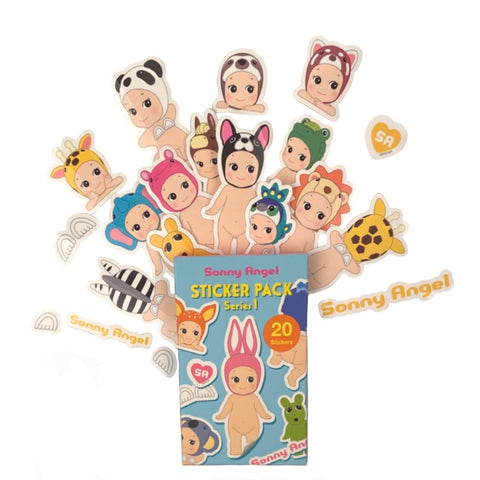 A sticker pack of cartoon baby characters wearing various animal costumes, displayed around an open box labeled "Sonny Angel Stickers — Volume 1 Blind Pack" by the brand Dreams, containing 20 water-resistant Sonny Angel stickers.