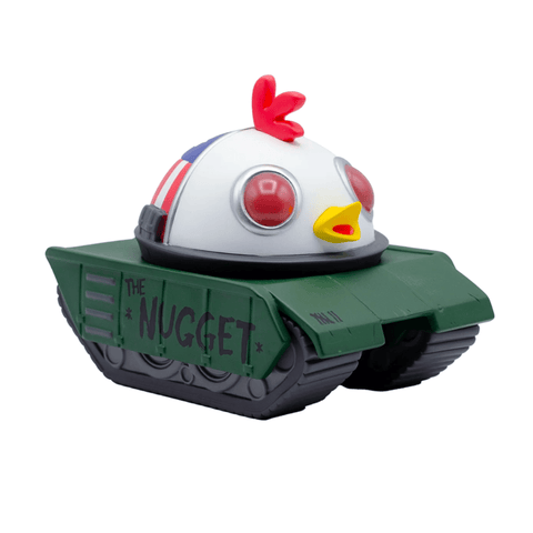 Toy featuring a chicken head with red eyes and a comb, mounted on a green tank base labeled "The Nugget — Stars and Stripes & Golden Oil" that strikes fear into green army men by Heavy Cream.