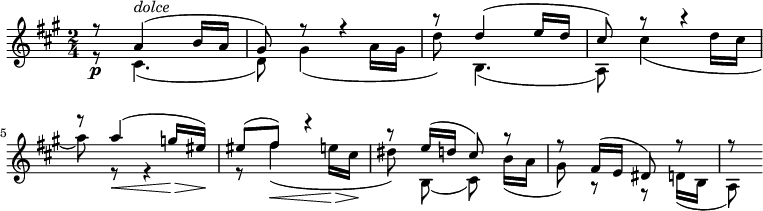 
{
#(set-global-staff-size 19)
\relative a' {
 \key a \major \time 2/4
 \set Score.tempoHideNote = ##t \tempo 4 = 60
 \set Staff.midiInstrument = "violin"
 <<
 {r8\p a4^\markup { \italic dolce }(b16 a | gis8) r8 r4 | r8 d'4(e16 d |
 cis8) r8 r4 \break
 \overrideProperty Score.NonMusicalPaperColumn.line-break-system-details #'((Y-offset . 17))
 r8 a'4(\< g16\> eis)\! | eis8(fis) r4 | r8 e16(d cis8) r | r fis,16(e dis8) r | r8 }
 \\
 {r8 cis4.(| d8) gis4(a16 gis | d'8) b,4.(| a8) cis'4(d16 cis | a'8) r r4 | r8 fis4(\< e16\> cis\! | dis8)\noBeam b,(cis)\noBeam b'16(a | gis8) r r d16(b | a8) }
 >>
}
}
