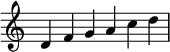   {
\override Score.TimeSignature #'stencil = ##f
\relative c' {
  \clef treble \key c \major \time 6/4
  d f g a c d
} }
