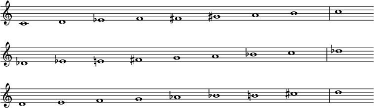 
{\new Staff
  \with { \remove "Time_signature_engraver" }
  \relative c' {
    \time 9/1
    \set Score.tempoHideNote = ##t
    \tempo 1 = 100
    \partial 1*8
    c1 d1 ees1 f1 fis1 gis1 a1 b1 c \bar "" \break
    des,1 ees1 e1 fis1 g1 a1 bes1 c des \bar "" \break
    d,1 e1 f1 g1 aes1 bes1 b1 cis d  
  }
}
