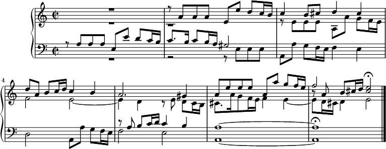 
\version "2.18.2"
\header {
  tagline = ##f
}

SujetLa = { a8 a a e[ e'] d c16 b }
SujetMi = { e8 e e a,[ a'] g f16 e }

upper = \relative c'' {
  \clef treble 
  \key a \minor
  \time 3/4
  \tempo 4 = 78
  \set Staff.midiInstrument = #"recorder"

   %% Ficher fugue en la
   << { R1 r8 \SujetLa c4 b8 cis d4 cis d8 a b[ c16 d] c4 b } \\ { R1 b,1\rest \relative c' r8 \SujetMi f2  e2~ } >>
   << { a2. gis4 a8 \relative c'' \SujetMi f'2 < e cis >2\fermata } \\ { e,4 d r8 e8 d8[ c16 b] cis8. a'16 g8 f16 e f4 e~ e8 d16 cis d4 e2 } \\ { s1*2 b'8\rest a8 b[ cis16 d] } >>
   \bar "|."

}

lower = \relative c' {
  \clef bass
  \key a \minor
  \time 2/2
  \set Staff.midiInstrument = #"recorder"

   << { r8 \SujetLa c8.[ b16] c8 b16 a gis2 } \\ { R1 r2 r8 \SujetMi f4 e } >>
    d2 a8[ a'] g f16 e 
   << { r8 a8 b[ c16 d] c4 b  } \\ { f2 e } >>
   < a a, >1~ q\fermata

}

  \header {
    piece = ""
  }

\score {
  \new PianoStaff <<
    \new Staff = "upper" \upper
    \new Staff = "lower" \lower
  >>
  \layout {
    \context {
      \Score
      \remove "Metronome_mark_engraver"
    }
  }
  \midi { }
}
