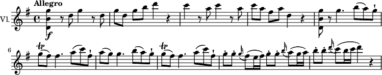 
\new Staff \with {
  instrumentName = "Vl."
  midiInstrument = "tremolo strings"
} \relative c'' {
  \key g \major
  \time 4/4
  \tempo "Allegro"
   <d, b' g'>4\f r8 d' g4 r8d
  g[ d] g b d4 r
  c r8 a c4 r8 a
  c[ a] fis a d,4 r
  <d, b' g'>8 r g'4. b8 (a) g-!
  g\trill (fis) fis4. a8 (c) fis,-!
  a (g) g4. b8 (a) g-!
   g\trill (fis) fis4. a8 (c) fis,-!
   g-. g-. \grace g16 (fis8) (e16 fis) g8-. g-. \grace b16 (a8) (g16 a)
   b8-. b-. \grace d16 (c8) (b16 c d4) r4
}
\midi {
  \context {
    \Score
    tempoWholesPerMinute = #(ly:make-moment 140 4)
  }
}
