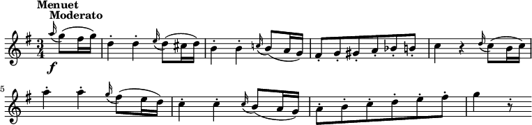 
\version "2.18.2"
\relative c'' {
  \key g \major
  \time 3/4
  \tempo "Menuet "
  \tempo 4 = 122
  \partial 4 \grace a'16^\markup { \bold Moderato } \f (g8) (fis16 g)
  d4-. d-. \grace e16 (d8) (cis16 d)
  b4-. b-. \grace c!16 (b8) (a16 g)
  fis8-. g-. gis-. a-. bes-. b-.
  c4 r \grace d16 (c8) (b16 c)
  a'4-. a-. \grace g16 (fis8) (e16 d)
  c4-. c-. \grace c16 (b8) (a16 g)
  a8-. b-. c-. d-. e-. fis-.
  g4 r8-.
}
