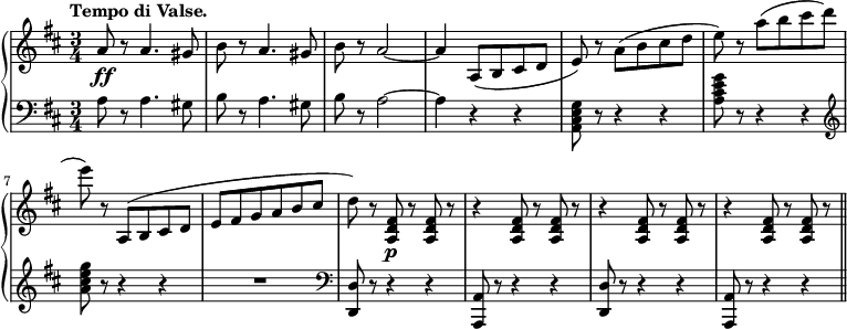 
 \relative b' {
  \new PianoStaff <<
   \new Staff {
    \key b \minor \time 3/4
    \set Score.tempoHideNote = ##t
    \tempo "Tempo di Valse." 2. = 64
    a8\ff r a4. gis8 | b r a4. gis8 | b r a2 ~ | a4 a,8( b cis d | e) r a( b cis d | e) r a( b cis d | e) r a,,,( b cis d | e fis g a b cis |
    d) r <a, d fis>8\p r <a d fis> r | r4 <a d fis>8 r <a d fis> r | r4 <a d fis>8 r <a d fis> | r r4 <a d fis>8 r <a d fis> r | \bar "||"
   }
   \new Staff {
    \key b \minor \time 3/4 \clef bass
    a8 r a4. gis8 | b r a4. gis8 | b r a2 ~ | a4 r4 r | <g e cis a>8 r r4 r | <a cis e g>8 r r4 r | \clef treble <a' cis e g>8 r r4 r | R2. |
    \clef bass <d,,, d'>8 r r4 r | <a a'>8 r r4 r | <d d'>8 r r4 r | <a a'>8 r r4 r |
   }
  >>
 }
