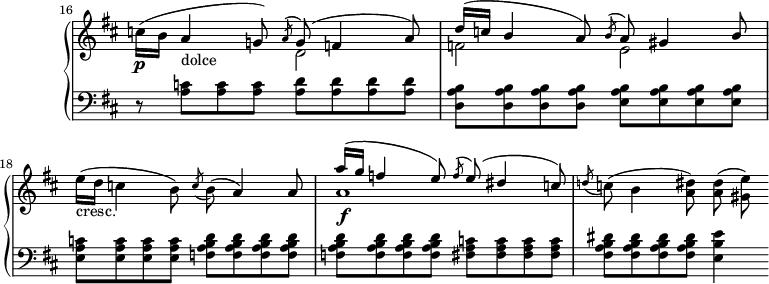 
\version "2.18.2"
\header {
  tagline = ##f
}
upper = \relative c'' {
  \clef treble 
  \key d \major
  \time 4/4
  \tempo 4 = 110
  \tempo "Presto"
  \omit Staff.TimeSignature
  \set Score.currentBarNumber = #16
   \bar "||"	

  c!16\p( b a4-"dolce" g!8) 
  << { \acciaccatura a8 g8^( f!4 a8) \stemUp d16( c! b4 a8) \acciaccatura b8 a8 gis4 b8 } \\ { d,2 f! e } >>
  e'16-"cresc."( d c!4 b8) \acciaccatura c8 b8( a4) a8 
  << { a'16( g f!4 e8) \acciaccatura f8 e8( dis4 c!8) } \\ { a1\f } >>
  \acciaccatura d!8 c!8( b4 < dis a >8) q( < e gis, >)

}

lower = \relative c {
  \clef bass
  \key d \major
  \time 4/4
  \omit Staff.TimeSignature
    
   r8 < c' a >8 q q < a d > q q q < b a d, > q q q < b a e > q q q
   < c a e >8 q q q < d b a f > q q q q q q q < c a fis > q q q < dis b a fis > q q q < e b e, >4
   
} 

\score {
  \new PianoStaff <<
    \set PianoStaff.instrumentName = #""
    \new Staff = "upper" \upper
    \new Staff = "lower" \lower
  >>
  \layout {
    \context {
      \Score
      \remove "Metronome_mark_engraver"
    }
  }
  \midi {   \set Staff.midiInstrument = #"harpsichord" }
}
