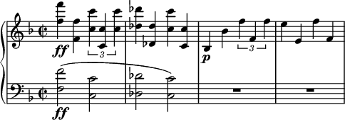 
\relative c'' {
 \new PianoStaff <<
  \new Staff {
   \set Staff.midiInstrument = #"piano" \key d \minor \clef treble \time 2/2 \set Score.tempoHideNote = ##t \tempo 2 = 60
   <f f'>4 \ff <f, f'>4 \times 2/3 {
    <c' c'>4 <c, c'>4 <c' c'>4
   } |
   <des des'>4 <des, des'>4 <c' c'>4 <c, c'>4 |
   bes4 \p bes'4 \times 2/3 {
    f'4 f,4 f'4
   } |
   e4 e,4 f'4 f,4 |
  }
  \new Staff {
   \set Staff.midiInstrument = #"piano" \key d \minor \clef bass \time 2/2
   <f, f'>2 \ff ( <c c'>2 |
   <des des'>2 <c c'>2 ) |
   R1*2 |
  }
 >>
}
