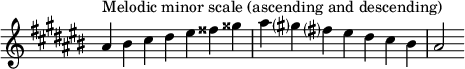  {
\omit Score.TimeSignature \relative c'' {
  \key ais \minor \time 7/4 ais^"Melodic minor scale (ascending and descending)" bis cis dis eis fisis gisis ais gis? fis? eis dis cis bis ais2
} }
