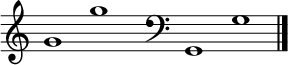 
\new Staff \with
{
  \omit TimeSignature
  fontSize = #2
  \override StaffSymbol.staff-space = #1.25
  \override StaffSymbol.thickness = #1.25
  \override Clef.full-size-change = ##t
  \override BarLine.hair-thickness = #2.4
  \override BarLine.thick-thickness = #7.5
  \override BarLine.kern = #3.75
  \override BarLine.transparent = ##t
}
{
  \time 18/8
  \clef treble
  s8
  g'1 g''
  s8
  \grace s8
  \clef bass
  \bar "|"
  s8
  g,1 g
  \override Staff.BarLine.transparent = ##f
  \bar "|."
}
