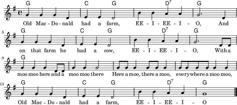 
<<
  \new ChordNames \chordmode {
    \time 4/4
    \set chordChanges = ##t
    g1
    c2 g1
    d2:7
    g1
    g1
    c2 g1
    d2:7
    g1
    g1
    g1
    g1
    g1
    g1
    c2 g1
    d2:7
    g1
  }
  <<
    \new Staff {
      \relative c'' {
        \key g \major
        \time 4/4
        g4 g g d
        e e d2
        b'4 b a a
        g2. d4 \break
        g4 g g d
        e e d2
        b'4 b a a
        g2. d8 d \break
        g4 g g d8 d
        g4 g g2
        g8 g g4 g8 g g4
        g8 g g g g4 g \break
        g g g d
        e e d2
        b'4 b a a
        g1
        \bar "|."
    } }
    \addlyrics {
      \lyricmode {
        Old Mac -- Do -- nald had a farm, EE -- I -- EE -- I -- O,
        And on that farm he had a cow, EE -- I -- EE -- I -- O,
        With a moo moo here and a moo moo there
        Here a moo, there a moo, eve -- ry -- where a moo moo,
        Old Mac -- Do -- nald had a farm, EE -- I -- EE -- I -- O
    } }
  >>
>>

