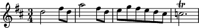 
\header {
  tagline = ##f
}

\score {
  \new Staff \with {

  }
<<
  \relative c'' {
    \key d \major
    \time 3/4
    \override TupletBracket #'bracket-visibility = ##f 
    \autoBeamOff

     %%%%%%%%%%%%%%%%%%%%%%%%%% K7
     d2 fis8[ d] a'2 fis8[ d] e[ g fis e d cis] c2.\trill

  }
>>
  \layout {
    \context {
      \remove "Metronome_mark_engraver"
    }
  }
  \midi {}
}
