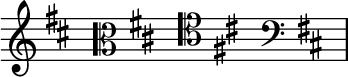 { \new Staff \with{ \magnifyStaff #3/2 } << \time 4/16 \override Score.TimeSignature #'stencil = ##f { \clef treble \key b \minor s16 \clef alto \key b \minor s16 \clef tenor \key b \minor s16 \clef bass \key b \minor s16 } >> }