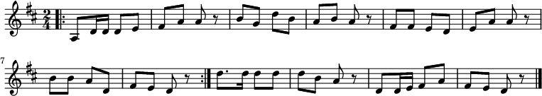 
\relative c' { \time 2/4 \key d \major
\repeat volta 2 { \bar ".|:" a8 d16 d16 d8 e8 | fis8 a8 a8 r8 | b8 g8 d'8 b8 | a8 b8 a8 r8
fis8 fis8 e8 d8 | e8 a8 a8 r8 | b8 b8 a8 d,8 | fis8 e8 d8 r8 | }
d'8. d16 d8 d8 | d8 b8 a8 r8 | d,8 d16 e16 fis8 a8 | fis8 e8 d8 r8 \bar "|."
}
\addlyrics {
シャ ボ ン だ ま と ん だ
や ね ま で と ん だ
や ね ま で と ん で
こ わ れ て き え た

か ぜ か ぜ ふ く な
シャ ボ ン だ ま と ば そ
}

\addlyrics {
シャ ボ ン だ ま き え た
と ば ず に き え た
う ま れ て す ぐ に
こ わ れ て き え た
}
