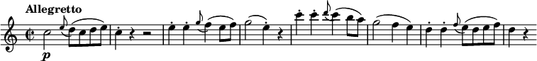 
\version "2.18.2"
\relative c'' {
  \key c \major
  \time 2/2
  \tempo "Allegretto "
  \tempo 4 = 120
  c2 \p \grace e8 (d) (c d e)
  c4-. r4 r2
  e4-. e-. \grace g8 (f4) (e8 f)
  g2 (e4-.) r
  c'4-. c-. \grace d8 (c4) (b8 a)
  g2 (f4 e)
  d4-. d-. \grace f8 (e) (d e f)
  d4 r 
}
