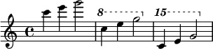  {
\relative c''' {
   \clef treble 
   \time 4/4
   \key c \major
   c4 e g2
   \ottava #1 c,4 e g2
   \ottava #2 c,4 e g2
} }
