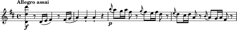 
\relative c'' {
  \version "2.18.2"
  \key d \major
  \tempo "Allegro assai"
  <d' d, d,>\f r8 d,,16( e fis4) r8 fis16( g a4) a-! a-! r \grace b'16\p(a8 ) g16 a fis8 r \grace g16(fis8 ) e16 fis d8 r \grace e16(d8 ) cis16 d a8 r \grace b16(a8 ) g16 a fis8 r
}
