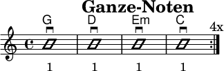 
\version "2.20.0"
\header {
  title="Ganze-Noten"
  encoder="mjchael"
}

myChords = \new ChordNames { \chordmode {
    g1 d e:m c
}}

myRhythm = { \repeat volta 4 {
  <g, b d g b' g'>1 \downbow

  <d a' d' fis'>1 \downbow 

  <e, b e g b' e'>1 \downbow

  <c e g c' e'>1 \downbow
  \mark "4x"
}}

\score { << %layout
  \myChords
  \new Voice \with {
    \consists "Pitch_squash_engraver"
  }{
    \set Staff.midiInstrument = "acoustic guitar (nylon)"
    \improvisationOn
    \override NoteHead.X-offset = 0
    \myRhythm
  }
  \addlyrics {
    "1"
    "1"
    "1"
    "1"
  }
>> \layout{} }

\score { << % midi
  \unfoldRepeats {
    \tempo 4 = 100
    \time 4/4
    \key d \major
    \set Staff.midiInstrument = #"acoustic guitar (nylon)"
    \myRhythm 
    <g, b d g b' g'>1 \downbow
  }
>> \midi{} }

\paper {
  indent=0\mm
  line-width=100\mm
  oddFooterMarkup=##f
  oddHeaderMarkup=##f
  % bookTitleMarkup=##f
  scoreTitleMarkup=##f
}
