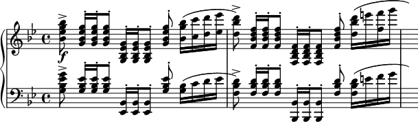 
{
\new PianoStaff
<<
  \new Staff
  {
    \clef treble
    \time 4/4
    \key g\minor
    <<
      {
        s8 <g'' ees'' bes' g'>16^. [ <g'' ees'' bes' g'>^. <g'' ees'' bes' g'>8^. ] <g' ees' bes g>16^. [ <g' ees' bes g>^. <g' ees' bes g>8^. ] <g'' ees'' bes' g'>8^. s4 |
        s8 <f'' d'' bes' f'>16^. [ <f'' d'' bes' f'>^. <f'' d'' bes' f'>8^. ] <f' d' bes f>16^. [ <f' d' bes f>^. <f' d' bes f>8 ] <f'' d'' bes' f'>8^. s4 |
      }
      \\
      {
        \slurUp
        <bes'' g'' ees'' bes'>8^> s s s s s <bes'' g'' bes'>16 [ ( <c''' c''> <d''' d''> <ees''' ees''> ] |
        <d''' bes'' d''>8^> ) s s s s s <d''' bes'' d''>16 [ ( e''' <f''' f''> g''' ] | \hideNotes a''' )
      }
    >>
  }
  \new Dynamics {s8\f}
  \new Staff
  {
    \clef bass
    \key g\minor
    <<
      {
        s8 <ees' bes g>16^. [ <ees' bes g>^. <ees' bes g>8^. ] <bes, ees,>16^. [ <bes, ees,>^. <bes, ees,>8^. ] <ees' bes g>8^. s4 |
        s8 <d' bes f>16^. [ <d' bes f>^. <d' bes f>8^. ] <bes, bes,,>16^. [ <bes, bes,,>^. <bes, bes,,>8^. ] <d' bes f>8^. s4 |
      }
      \\
      {
        \slurUp
        <g' ees' bes g>8^> s s s s s <bes g>16 ( [ c' d' ees' ] | 
        <d' bes f>8^> ) s s s s s <d' bes f>16 [ ( e' f' g' ] | \hideNotes a' )
      }
    >>
  }
>>
}
