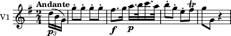 
\new Staff \with { instrumentName = #"V1 "}
\relative c'' {
    \version "2.18.2"
    \key g \major 
    \tempo "Andante"
    \tempo 4 = 60
    \time 2/4
    \partial 8  \tuplet 3/2 { d16 \p (b g) } 
    g'8-. g-. g-. g-.
    fis8. \f g16 a16.\p b32 c16. a32
    b8-. g-. e-. fis \trill
    g g, r4
} 
