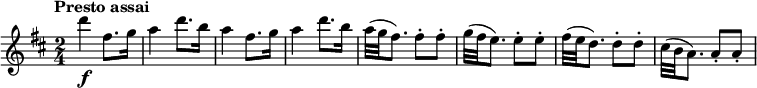 
\relative c'' {
  \version "2.18.2"
  \key d \major
  \tempo "Presto assai"
  \time 2/4
  \tempo 4 = 170
  d'4\f fis,8. g16
   a4 d8. b16
   a4 fis8. g16
   a4 d8. b16
   a32 (g fis8.) fis8-. fis-.
   g32 (fis e8.) e8-. e-.
   fis32 (e d8.) d8-. d-.
   cis32 (b a8.) a8-. a-.
  }
