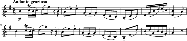 
 \relative c'' {
    \version "2.18.2"
    \key g \major 
    \tempo "Andante grazioso"
    \time 3/8
    b4\p c16\trill (b32 c)
    d8 (g) r16 b,16-!
    a8 (e') e-!
    g, (fis g)
    d (c b)
    a (c e)
    d16 (g b d) e (c)
    <d, b'>4 (a'8)
    b4 c16\trill (b32 c)
    d8 (g) r16 b,16-!
    a8 (e') e-!
    g, (fis g)
    d (c b)
    a-! e' ( d')
    b16 (d g, b a fis)
    g4 r8
}
