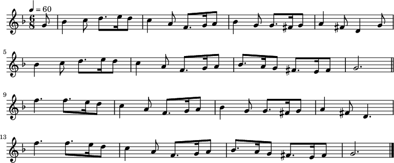 
\relative c'' {
	\language "deutsch"
	\tempo 4 = 60
	\time 6/8
	\key f \major
	\partial 8 g8 b4 c8 d8. e16 d8 c4 a8 f8. g16 a8 b4 g8 g8. fis16 g8 a4 fis8 d4 g8 \break
	b4 c8 d8. e16 d8 c4 a8 f8. g16 a8 b8. a16 g8 fis8. e16 fis8 g2. \bar "||" \break
	f'4. f8. e16 d8 c4 a8 f8. g16 a8 b4 g8 g8. fis16 g8 a4 fis8 d4. \break
	f'4. f8. e16 d8 c4 a8 f8. g16 a8 b8. a16 g8 fis8. e16 fis8 g2. \bar "|."
}
