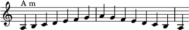 
{
\override Score.TimeSignature #'stencil = ##f
\relative c'
 {
  \clef treble \key c \major \time 7/4
  a4^\markup "A m" b c d e f g a g f e d c b a
 }
}
