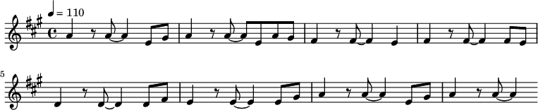 
  \relative c {
  \key a \major
  \tempo 4 = 110
a''4 r8 a8~ a4 e8 gis8 |a4 r8 a8~ a8 e8 a8 gis8 |
fis4 r8 fis8~ fis4 e4 |fis4 r8 fis8~ fis4 fis8 e8 |
d4 r8 d8~ d4 d8 fis8 |e4 r8 e8~ e4 e8 gis8 |
a4 r8 a8~ a4 e8 gis8 |a4 r8 a8~ a4
}
