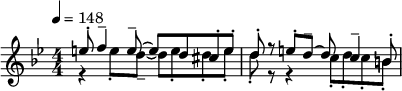  \relative c'' { \clef treble \key g \minor \numericTimeSignature \time 4/4 \tempo 4 = 148 << { e8-. f4-- e8--~ e d cis-. e-. | d-. r e-. d--~ d c4-- b8-. } \\ { r4 e8-. d--~ d e-. d-. e-. | d-. r r4 c8-. d-. c-. b-. } >> } 