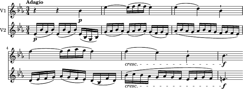 
  \version "2.18.2"
 <<
\new Staff \with { instrumentName = #"V1 "}  \relative c'' {
    \version "2.18.2"
    \key ees \major
    \tempo "Adagio"
    \tempo 4 = 50
    \time 3/4
   r4 r bes \p
   ees ~ ees16 (f g f ees4)
   ees (d) bes-!
   f' ~ f16 (g aes g f4)
   f \cresc (ees) bes-!
   bes4. \f
}
\new Staff \with { instrumentName = #"V2 "}  \relative c' {
    \key ees \major
    \clef "treble"
    \time 3/4
    \set Staff.midiMinimumVolume = #0.2 \set Staff.midiMaximumVolume = #0.5
   ees16 \p (bes' g bes) ees, (bes' g bes) ees, (bes g bes)
   g' (aes bes aes) g (aes bes aes) g (f g ees)
   aes (bes aes g aes bes aes g f g f ees)
   d (ees f g) aes (g f ees) d (bes f' d)
   bes' \cresc (c bes aes g aes g f ees f g f)
   e4. \f
}
>>
