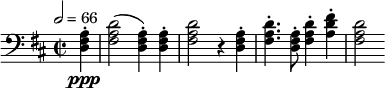 
\relative c' { \set Staff.midiInstrument = #"french horn" \clef bass \time 2/2 \key d \major \tempo 2 = 66 \partial 4*1 <a fis d>4-.\ppp | <d a fis>2( <a fis d>4-.) <a fis d>-. | <d a fis>2 r4 <a fis d>4-. | <d a fis>4.-. <a fis d>8-. <d a fis>4-. <fis d a>-. | <d a fis>2 }
