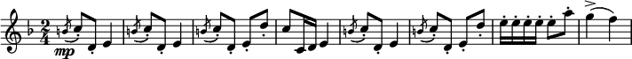 
{ \time 2/4
\key f \major
\relative c'' {
 \acciaccatura b8\mp( c-.) d,-. e4 |
 \acciaccatura b'8( c-.) d,-. e4 |
 \acciaccatura b'8( c-.) d,-. e-. d'-. |
 c c,16 d e4 | \acciaccatura b'8( c-.) d,-. e4 |
 \acciaccatura b'8( c_.) d,-. e-. d'-. |
 e16-. e-. e-. e-. e8-. a-. | g4->( f)
 }
}
