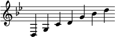 
  \context Staff \with {
    \remove Time_signature_engraver
    \remove Bar_engraver
  }
  \relative c {
    \key g \minor
    d g c d g bes d
  }
