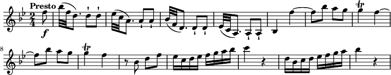 
\relative c'' {
  \version "2.18.2"
  \key bes \major
  \time 2/4
  \tempo "Presto"
  \tempo 4 = 120
  \partial 8 f8\f bes32 (f d8.) d8-! d-!
  ees32 (c a8.) a8-! a-!
  bes32 (f d8.) d8-! d-!
  ees32 (c a8.) a8-! a-!
  bes4 f'' ~
  f8 bes a g
  g4\trill f ~
  f8  bes a g
  g4\trill f
  r8 bes, d f
  ees16 c d ees f g a bes
  c4 r
  d,16 bes c d ees f g a
  bes4 r
}
