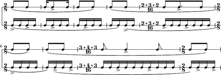 
<<
 { \new RhythmicStaff \time 2/8 [c8-( c] | [c16 c8-> c16]  | [c8 c-)] |
                [c8-( c] | \compoundMeter #'(2 3 2 16) [c8 c8.-> c8]  | \time 2/8 [c8 c-) ] |  [c8-( c] |\compoundMeter #'(3 4 3 16) c8. c4-> c8.  | \time 2/8 [c8 c8-)] |}
 { \new RhythmicStaff \time 2/8 [ c16->-( c c-> c ] | [ c c-> c c ] | [ c c-> c c] | 
                [ [ c c-) c->-( c ]  | \compoundMeter #'(2 3 2 16) [c-> c c c-> c c c ] | \time 2/8 [ c-> c c c ] | [ c-) c->-( c c-> ] |\compoundMeter #'(3 4 3 16) [ c c c->  c c c c->  c c c ] | [ c-) c-> c c-> ] }
>>
