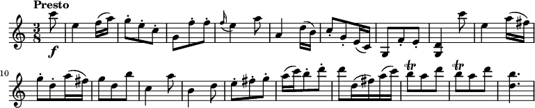 
 \relative c'' {
    \version "2.18.2"
    \key c \major 
    \tempo "Presto"
    \tempo 4 = 140
    \time 3/8
   \partial 8 c'8 \f 
   e,4 f16 (a)
   g8-. e-. c-.
   g f'-. f-. 
  \grace f16 (e4) a8
   a,4 d16 (b)
   c8-. g-. e16 (c)
   g8 f'-. e-.
   <g, d'>4 c''8
   e,4 a16 (fis)
   g8-. d-. a'16 (fis)
   g8 d b'
   c,4 a'8
   b,4 d8
   e-. fis-. g-.
   a16 (c) b8-. d-.
   d d,16 (fis) a (c)
   b8 \trill a d
   b8 \trill a d
   <d,b'>4.
 }
