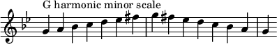  {
\override Score.TimeSignature #'stencil = ##f
\relative c'' {
 \clef treble \key g \minor \time 7/4
 g4^\markup "G harmonic minor scale" a bes c d es fis g fis es d c bes a g
} }
