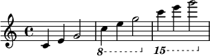  {

\relative c' {
   \clef treble 
   \time 4/4
   \key c \major
   c4 e g2
   \ottava #-1 c,4 e g2
   \ottava #-2 c,4 e g2
} }
