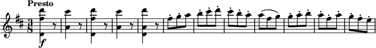 
 \relative c'' {
    \version "2.18.2"
    \key d \major 
    \tempo "Presto"
    \time 3/8
    <d, fis' d'>4\f r8
    <a' cis'>4 r8
    <d, fis' d'>4 r8
    <a' cis'>4 r8
    <d, a' d'>4 r8
    fis'-. g-.-. a
    b-. cis-. d-.
    cis-. b-. a-.
    a (fis g)
    g-. a-. b-.
    a-. fis-. a-.
    g-. fis-. e-.
}
