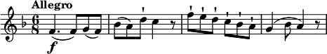 
\relative c'{
  \version "2.18.2"
  \tempo "Allegro"
  \key f \major
  \time 6/8
  \tempo 4 = 140
  f4.\f (f8)  g (f) bes (a) d-! c4 r8 f8-! e-! d-! c-! bes-! a-! g4 (bes8 a4) r8
}
