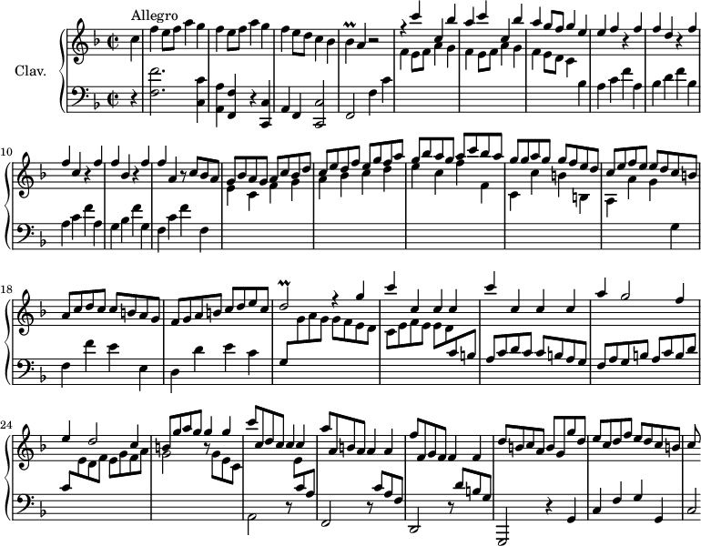 
\version "2.18.2"
\header {
  tagline = ##f
  % title = "Sonate en fa majeur"
  % composer = "Domenico Scarlatti"
  % opus = "K. 438"
  % meter = "Allegro"
}

%% les petites notes
trillDb     = { \tag #'print { d2\prall } \tag #'midi { e32 d e d~ d8~ d4 } }
trillBes    = { \tag #'print { bes4\prall } \tag #'midi { c32 bes c bes~ bes8 } }

upper = \relative c'' {
  \clef treble 
  \key f \major
  \time 2/2
  \tempo 2 = 92
  \set Staff.midiInstrument = #"harpsichord"
  \override TupletBracket.bracket-visibility = ##f

      \partial 4
      s8*0^\markup{Allegro}
      c4 | \repeat unfold 2 { f4 e8 f a4 g } | f e8 d c4 bes | \trillBes a4 r2 |
      % ms. 5
      \stemUp r4 c'4 c, bes' | a c c, bes' | a g8 f g4 e | e f r4 f f d r4 f |f c r4 f |
      % ms. 11
      f4 bes, r4 f' | f a, r8 c8 bes a | g bes a g a c bes d |c e d f e g  f a | g bes a g a c bes a |
      % ms. 16
      g8 g a g g f e d | c e f e e d c b | a c d c c b a g | f g a b c d e c | 
      % ms. 20
      \trillDb r4 g4 | \repeat unfold 2 { c4 c, c c } | a' g2 f4 |
      % ms. 24
      e4 d2 c4 | b8 g' a g g4 g | c8 c, d c c4 c | a'8 a, b a a4 a |
      % ms. 28
      f'8 f, g f f4 f | d'8 b c a b g g' d | e c d f e d c b | c

}

lower = \relative c' {
  \clef bass
  \key f \major
  \time 2/2
  \set Staff.midiInstrument = #"harpsichord"
  \override TupletBracket.bracket-visibility = ##f

    % ************************************** \appoggiatura \repeat unfold 2 {  } \times 2/3 { }
      r4 | < f, f' >2. < c c' >4 | < a a' > < f f' > r4 < c c' > | a' f < c c' >2 | f2 f'4 c' | \stemDown \change Staff = "upper"
      % ms. 3
      \repeat unfold 2 { f4 e8 f a4 g } | f4 e8 d c4 | \change Staff = "lower" bes a c f a, | bes d f bes, | a c f a, |
      % ms. 11
      g4 bes f' g, | f c' f f, | \stemDown \change Staff = "upper" e'4 c f g  a bes c d | e c f f, |
      % ms. 16
      c4 c' b b, | a a' g \change Staff = "lower" g, | f f' e e, | d d' e c | 
      % ms. 20
      \stemUp g8 \stemDown \change Staff = "upper" g' a g g f e d | c e f e e d  \stemUp \change Staff = "lower"  c b | a c d c c b a g | f a g b a c b d |
      % ms. 24
      c8 \stemDown \change Staff = "upper" e d f e g f a | g2 r8 g8 e c | \change Staff = "lower" a,2 r8  \stemDown \change Staff = "upper"  e''8  \stemUp \change Staff = "lower" c a | f,2 r8 c''8 a f |
      % ms. 28
      d,2 r8 d''8 b g | g,,2 r4 g'4 | c f g g, | c2*1/4

}

thePianoStaff = \new PianoStaff <<
    \set PianoStaff.instrumentName = #"Clav."
    \new Staff = "upper" \upper
    \new Staff = "lower" \lower
  >>

\score {
  \keepWithTag #'print \thePianoStaff
  \layout {
      #(layout-set-staff-size 17)
    \context {
      \Score
     \override SpacingSpanner.common-shortest-duration = #(ly:make-moment 1/2)
      \remove "Metronome_mark_engraver"
    }
  }
}

\score {
  \keepWithTag #'midi \thePianoStaff
  \midi { }
}
