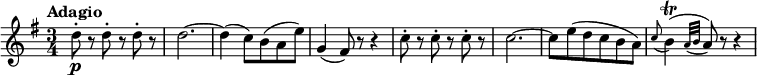 
\version "2.18.2"
\relative c'' {
  \key g \major
  \time 3/4
  \tempo "Adagio"
  \tempo 4 = 50
  d8-.\p r d-. r d-. r
  d2. ~ 
  d4 (c8) b (a e')
  g,4 (fis8) r r4
  c'8-. r c-. r c-. r 
  c2. ~ 
  c8 e (d c b a)
  \grace c (b4)\trill (\acciaccatura {a32 b} a8) r r4
}
