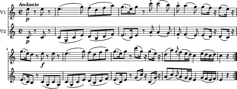 
<<
\new Staff \with { instrumentName = #"V1 "} \relative c'' {
    \version "2.18.2"
    \key c \major
    \tempo "Andante"
    \time 2/2
    \tempo 4 = 80
   \partial 2 e8\p r e r
    e4. (g8) f (d  f a)
    g8. (e16) g8 r c-! c4 (b8)
    a-! a4 (g8) g (f16) r f8 (e16) r
    g8. (e16) d8 r e\f r e r
    e4. (g8) f (d  f a)
     g8. (e16) g8 r c (g16) r g8 (e16) r
     d8 (a') \grace g16 ( f8) (e16 d) c4 e16 (d c d) 
     c4 r4
    \bar ":|."
}
\new Staff \with { instrumentName = #"V2 "} \relative c'' {
    \key c \major
    \time 2/2
    \partial 2 c,8\p r c r
     c (g c e) d (b d f)
     e8. (c16) e8 r a-! a4 (g8)
     f-! f4 (e8) e (d16) r d8 (c16) r
     e8. (c16) b8 r c (g c g)
     c (g c e) d (b d f)
     e8. (c16) e8 r g (c16) r c,8 (g'16) r
     a8 (c)  \grace b16 (a8) (g16 f) e4 g16 (f e f)
     e4 r4
     \bar ":|."
}
>>
