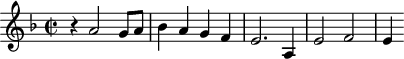 
\header {
  tagline = ##f
}

\score {
  \new Staff \with {

  }
<<
  \relative c'' {
    \key f \major
    \time 2/2
    \tempo 2 = 80
    \override TupletBracket #'bracket-visibility = ##f 
    %\autoBeamOff
    \set Staff.midiInstrument = #"french horn"

     %%%%%%%%%%%%%%%%%%%%%%%%%% AB 3-1 th2
     r4 a2 g8 a bes4 a g f e2. a,4 e'2 f e4

  }
>>
  \layout {
    \context { \Score \remove "Metronome_mark_engraver"
    }
  }
  \midi {}
}
